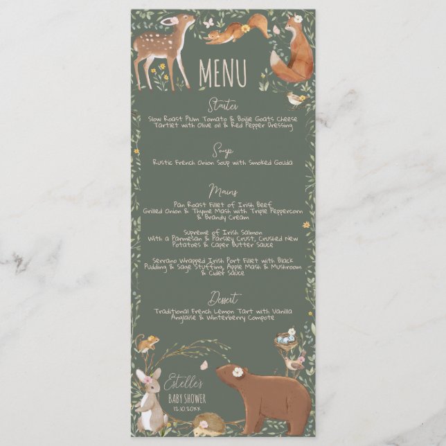 Woodland Animals Forest Friends Baby Shower Menu (Front)