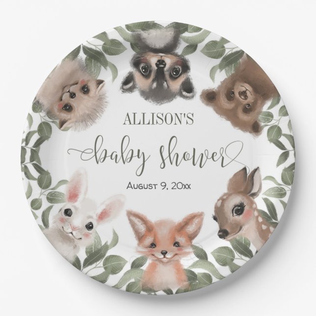 Woodland animals forest friends baby shower paper plates (Front)