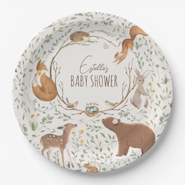 Woodland Animals Forest Friends Baby Shower Paper Plates (Front)