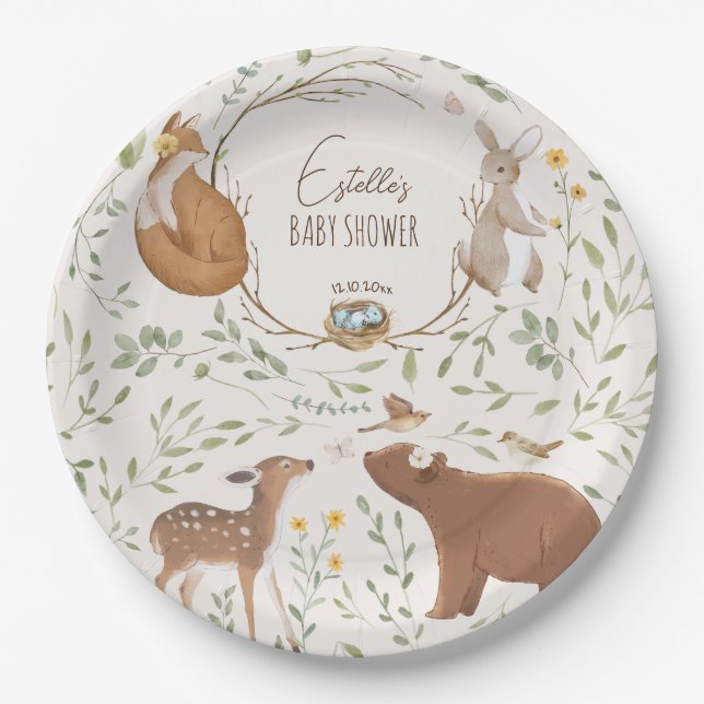 Woodland Animals Forest Friends Baby Shower Paper Plates (Front)