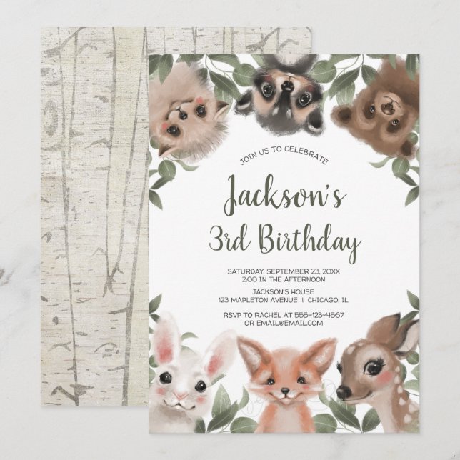 Woodland animals forest friends boy birthday party invitation (Front/Back)