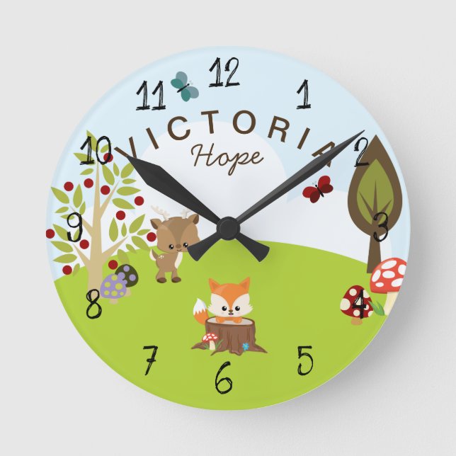 Woodland Animals Forest Friends Fox Nursery Round Clock (Front)