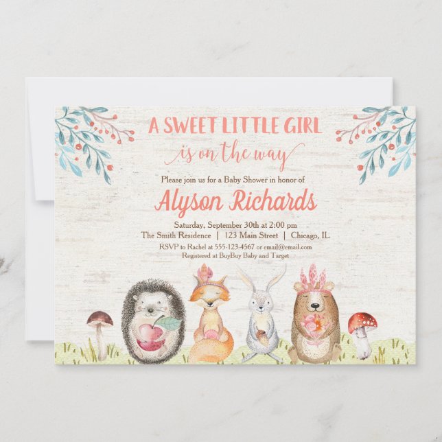 Woodland animals forest friends girl baby shower invitation (Front)