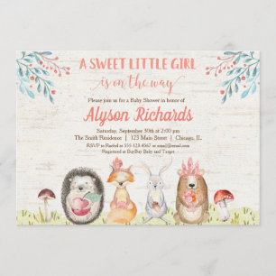 Woodland animals forest friends girl baby shower invitation