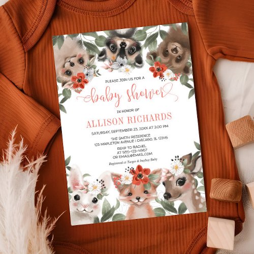 Woodland animals forest friends girl baby shower invitation