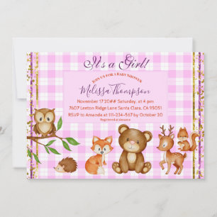 Woodland Animals Forest Friends It's a Girl Plaid Invitation