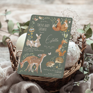 Woodland Animals Forest Friends Twins Baby Shower Invitation