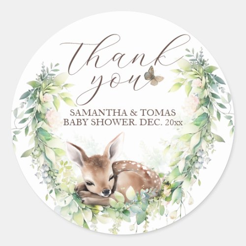 Woodland Animals Forest Greenery Baby Boy Shower Classic Round Sticker