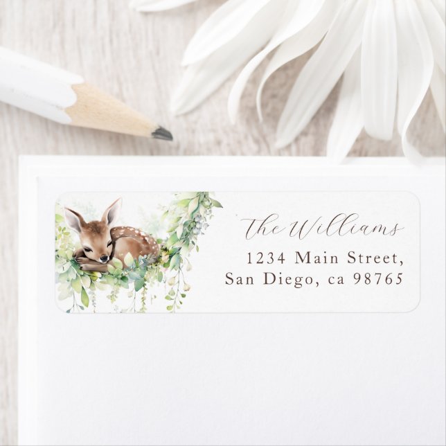 Woodland Animals Forest Greenery Baby Boy Shower Label (Insitu)