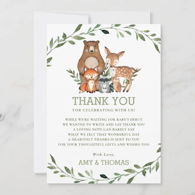 Woodland Animals Forest Greenery Baby Shower Chic Thank You Card | Zazzle