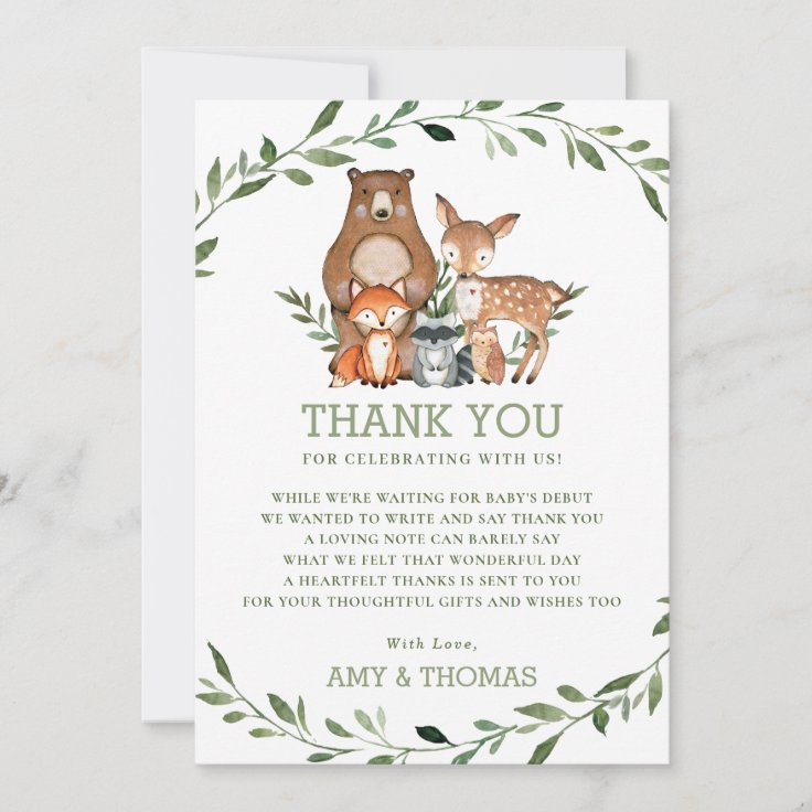 Woodland Animals Forest Greenery Baby Shower Chic Thank You Card 