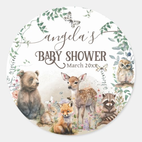 Woodland animals forest greenery Baby Shower Classic Round Sticker