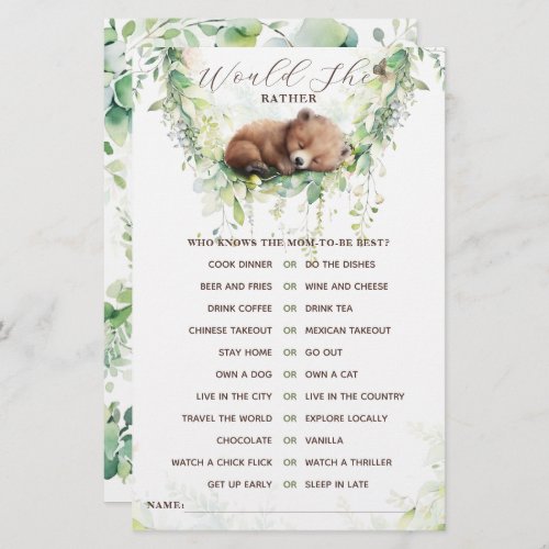 Woodland Animals Forest Greenery Baby Shower Game