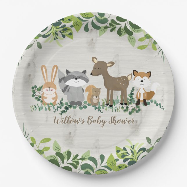 Woodland Animals Forest Greenery Baby Shower Paper Plates (Front)