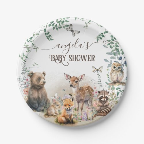 Woodland animals forest greenery Baby Shower  Paper Plates