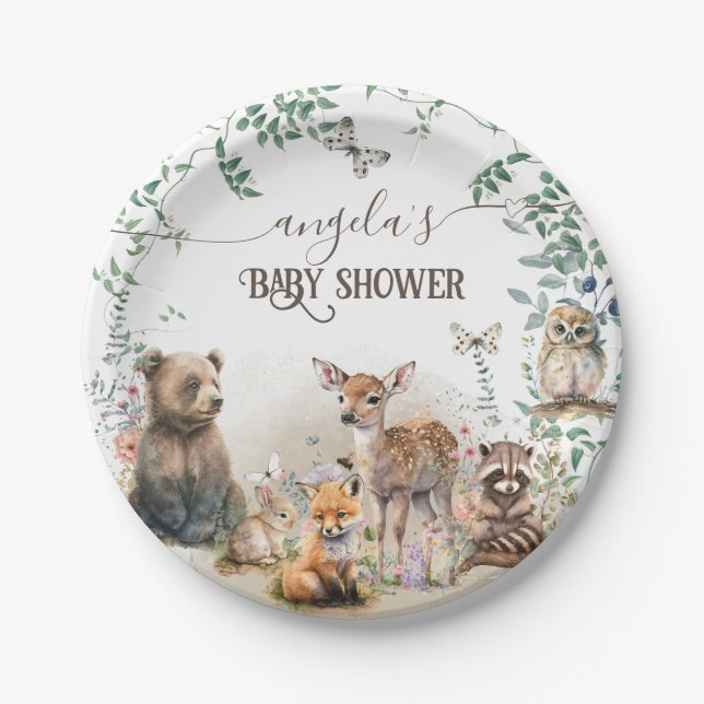 Woodland animals forest greenery Baby Shower  Paper Plates (Front)