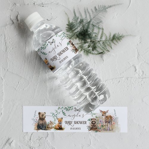 Woodland animals forest greenery Baby Shower Water Bottle Label