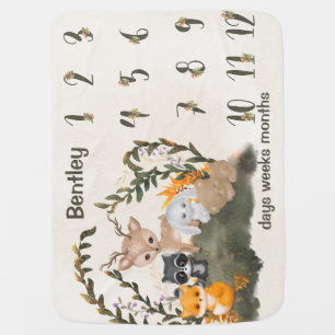 Woodland animals forest greenery milestone baby blanket