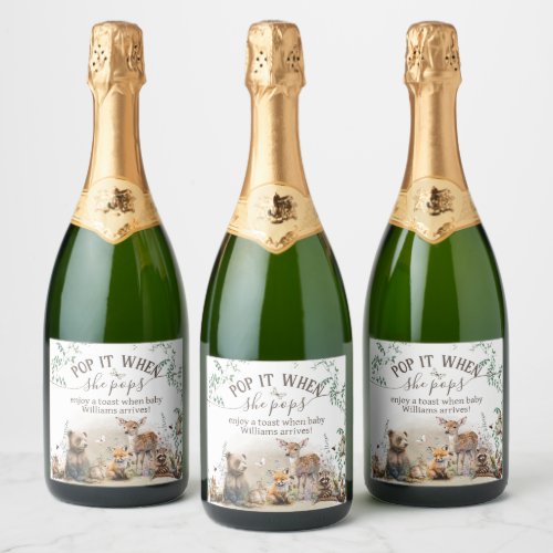 Woodland animals forest greenery Shower She pops  Sparkling Wine Label