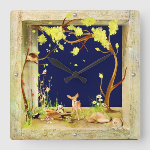 woodland animals forest in a box clock night scene