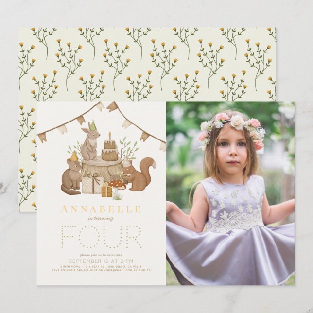 Woodland Animals Forest Party Kids Birthday Photo Invitation (Front/Back)