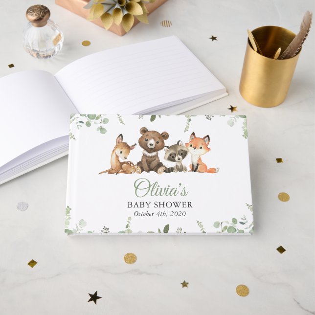 Woodland Animals, Forest, Wild One, Baby Shower Guest Book (Front Open)