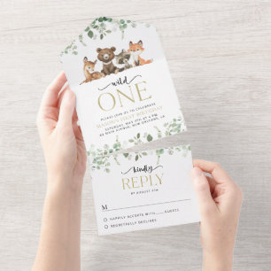 Woodland Animals, Forest, Wild One, First Birthday All In One Invitation