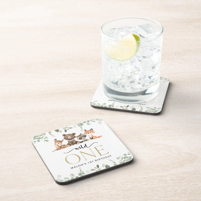 Woodland Animals, Forest, Wild One, First Birthday Beverage Coaster (Right Side)