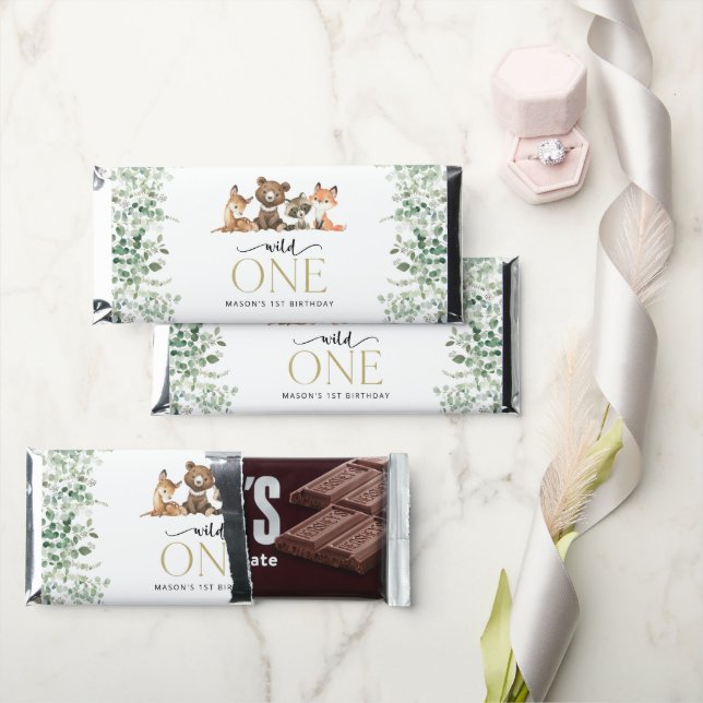 Woodland Animals, Forest, Wild One, First Birthday Hershey Bar Favors (Front)