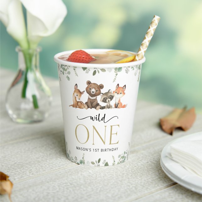 Woodland Animals, Forest, Wild One, First Birthday Paper Cups (Insitu)