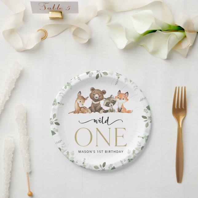 Woodland Animals, Forest, Wild One, First Birthday Paper Plates (Wedding)
