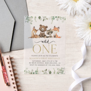 Woodland Animals, Forest, Wild One, First Birthday Vellum Invitations
