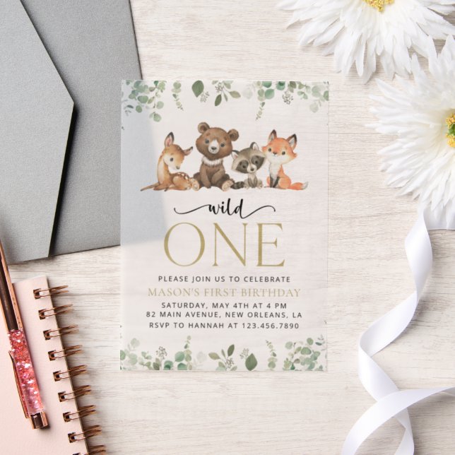 Woodland Animals, Forest, Wild One, First Birthday Vellum Invitations (Wedding)