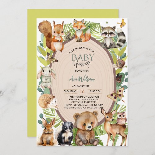 woodland animals forest wood slice baby shower invitation