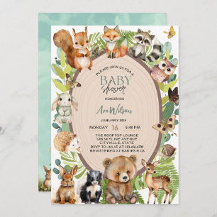 woodland animals forest wood slice baby shower invitation