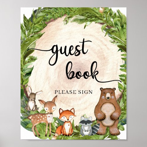 Woodland animals forest wooden log guest book sign