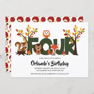 Woodland Animal's Fourth Birthday Party Invitation