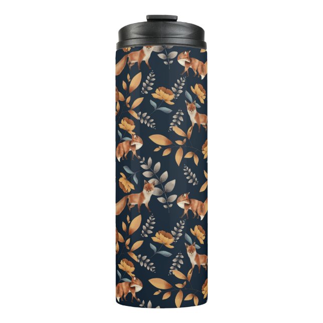 Woodland Animals Fox and Greenery on Black Thermal Tumbler (Front)