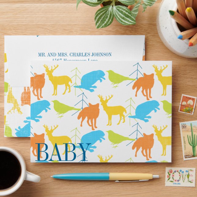 Woodland Animals Fox Baby Boy Shower Invitations Envelope (Desk)