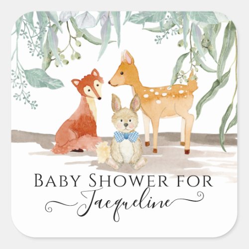 Woodland Animals Fox Deer Rabbit Baby Boy Shower Square Sticker