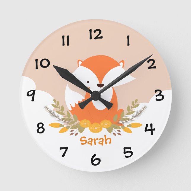 Woodland Animals Fox Kids Nursery Wall Clock (Front)