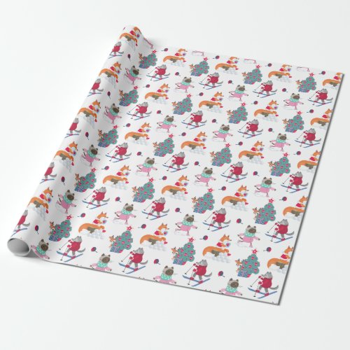 Woodland Animals Fox Wolf Deer in Christmas Antics Wrapping Paper
