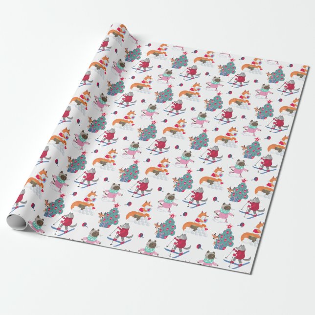 Woodland Animals Fox Wolf Deer in Christmas Antics Wrapping Paper (Unrolled)