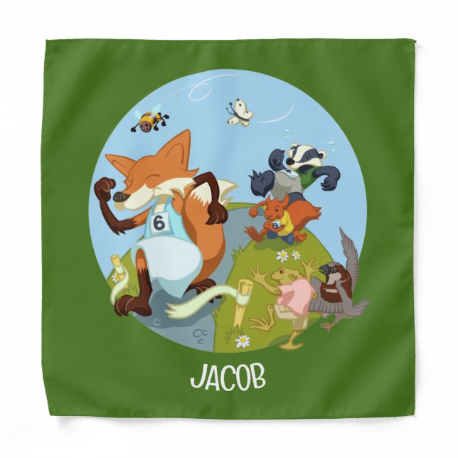 Woodland Animals Fun Running Fox & Badger Add Name Bandana (Front)