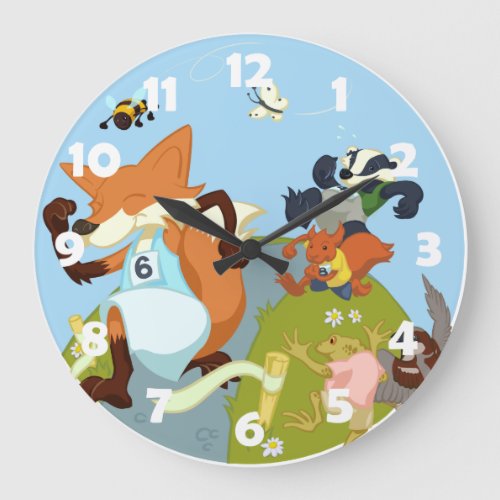 Woodland Animals Fun Running Fox  Badger Cartoon Large Clock