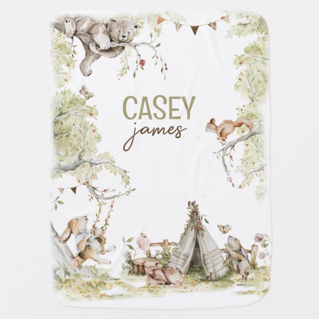 Woodland Animals Gender Neutral Baby Name Blanket (Front)