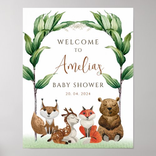 Woodland Animals Gender Neutral Green Baby Shower Poster