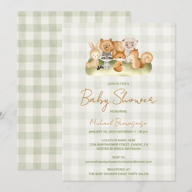 Woodland Animals Gingham Baby Shower Invitation