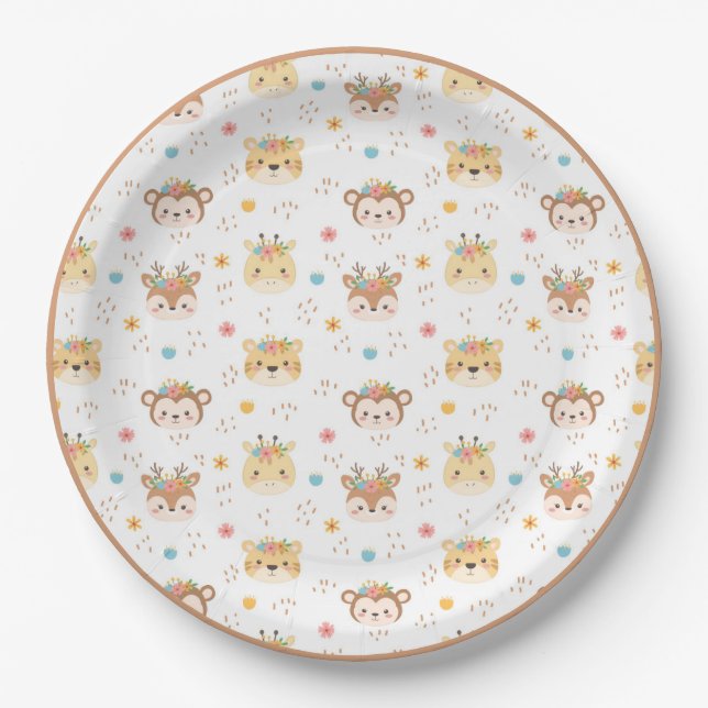 Woodland Animals Giraffe Monkey Paper Plates (Front)