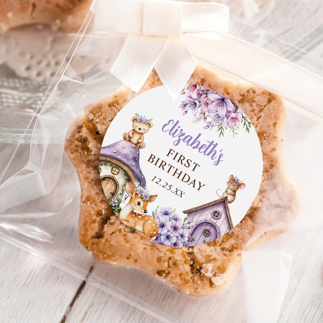 Woodland Animals Girl 1st Birthday Party Classic Round Sticker (Creator Uploaded)